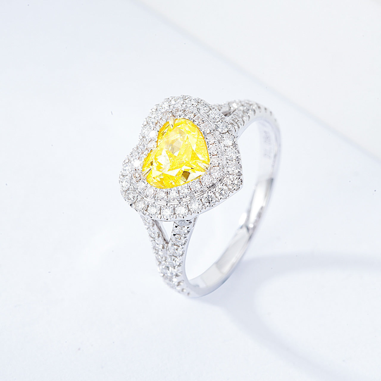 Heart Shaped Yellow Diamond Engagement Ring with Pavé and Halo Setting -Side Angle