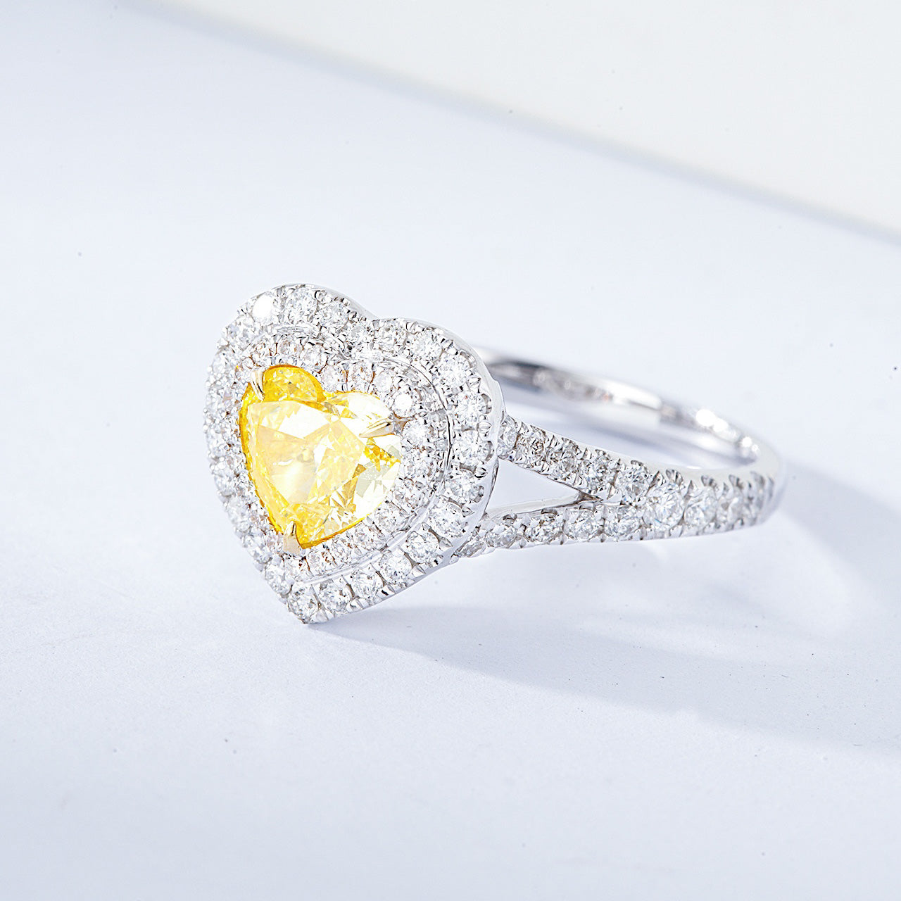 Heart Shaped Yellow Diamond Engagement Ring with Pavé and Halo Setting -Top View