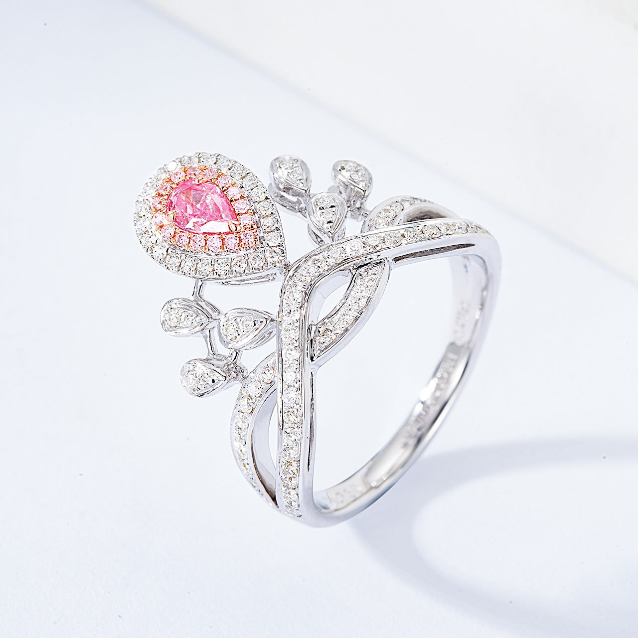 Pear Shaped Pink Diamond Crown Ring with Channel Setting in White Gold -Side Angle