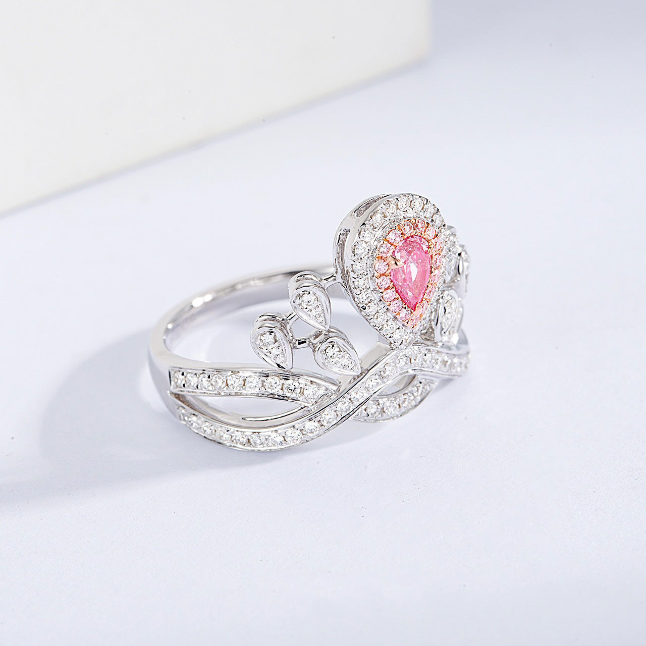 Pear Shaped Pink Diamond Crown Ring with Channel Setting in White Gold -Top View