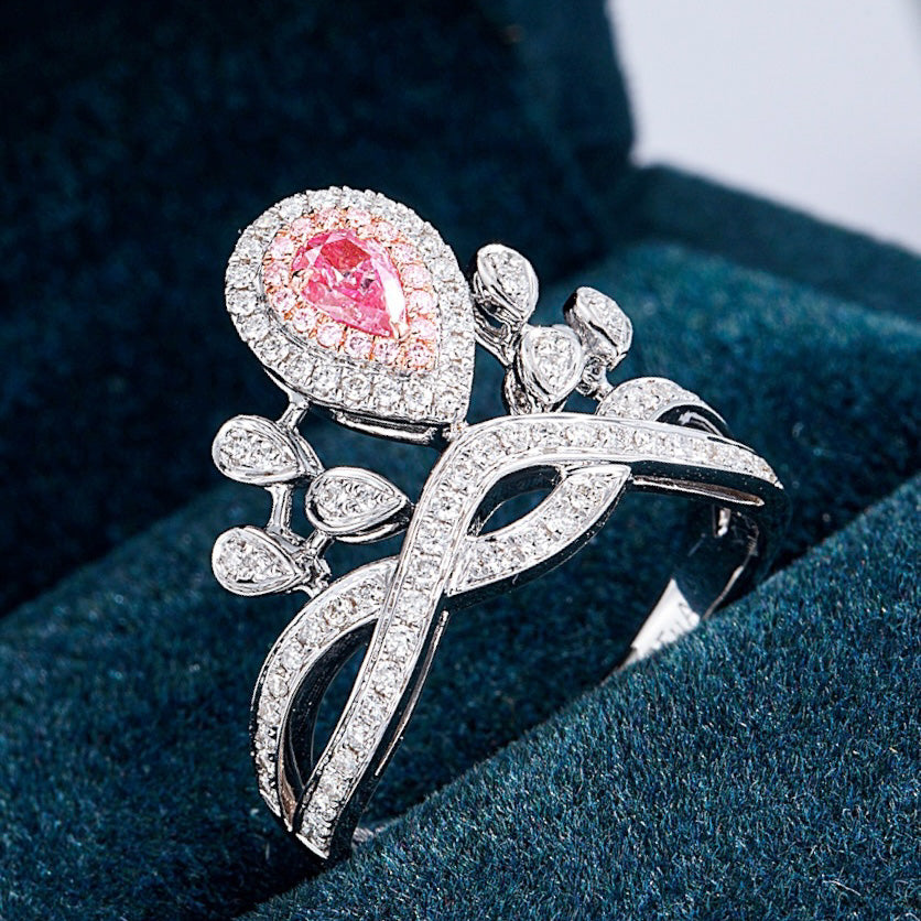 Pear Shaped Pink Diamond Crown Ring with Channel Setting in White Gold -Perspective Close-up