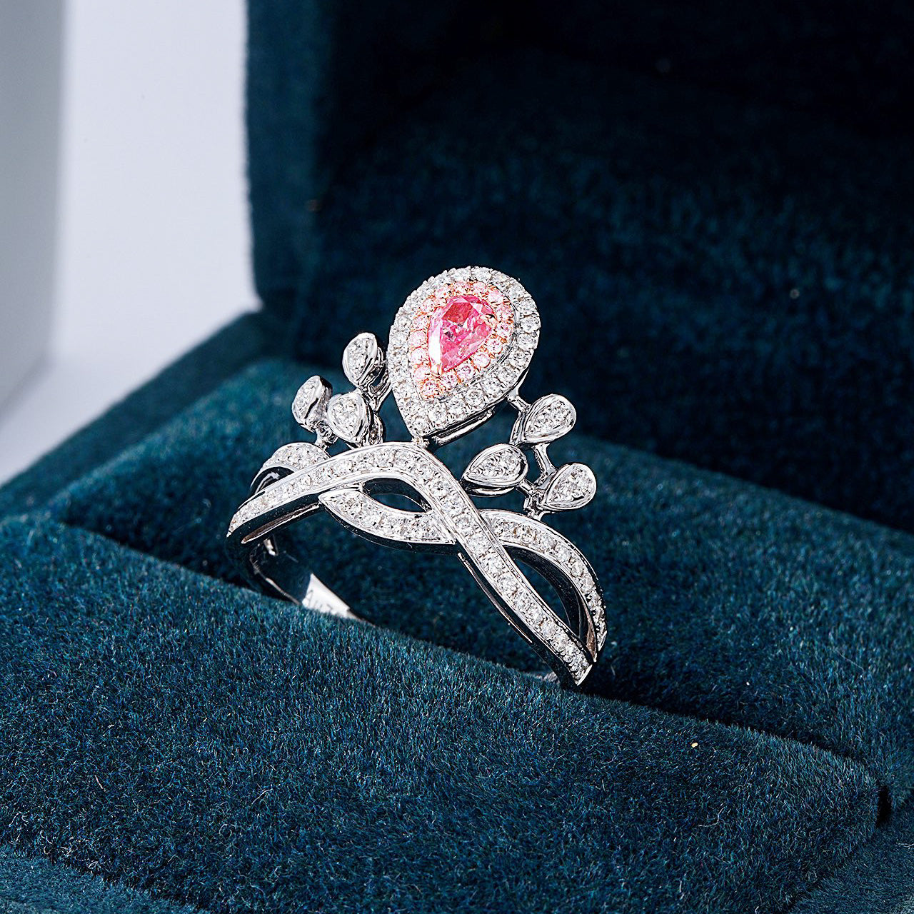 Pear Shaped Pink Diamond Crown Ring with Channel Setting in White Gold -In-Box Display