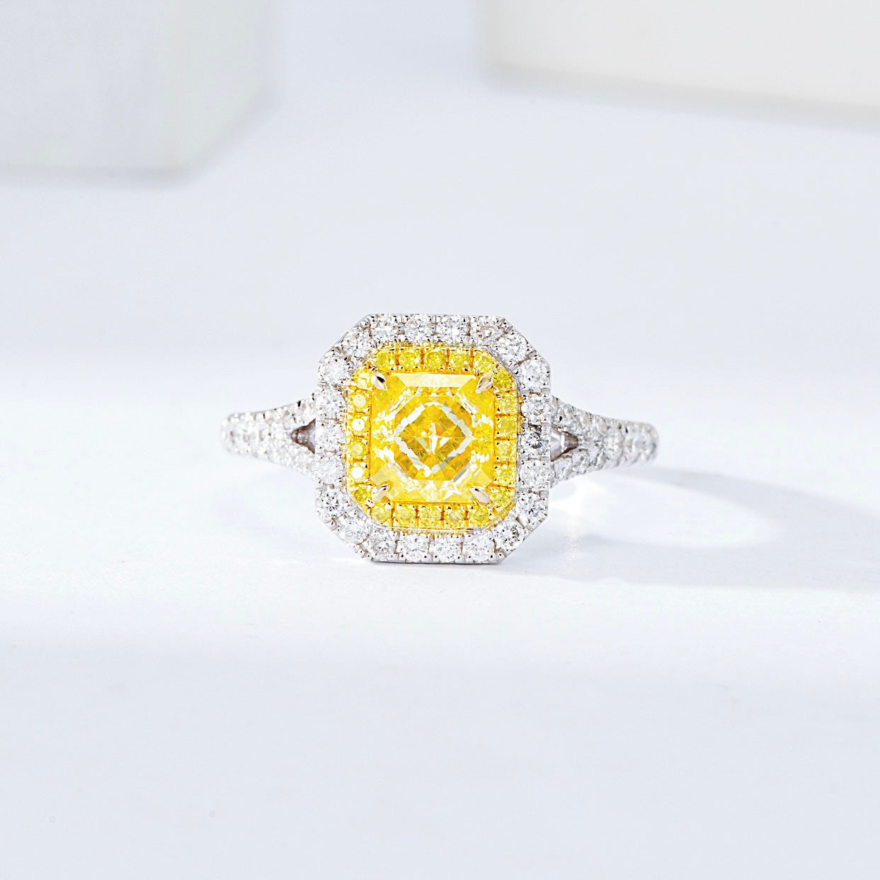 Radiant Cut Yellow Diamond Halo Engagement Ring with Split Shank Design -Front View