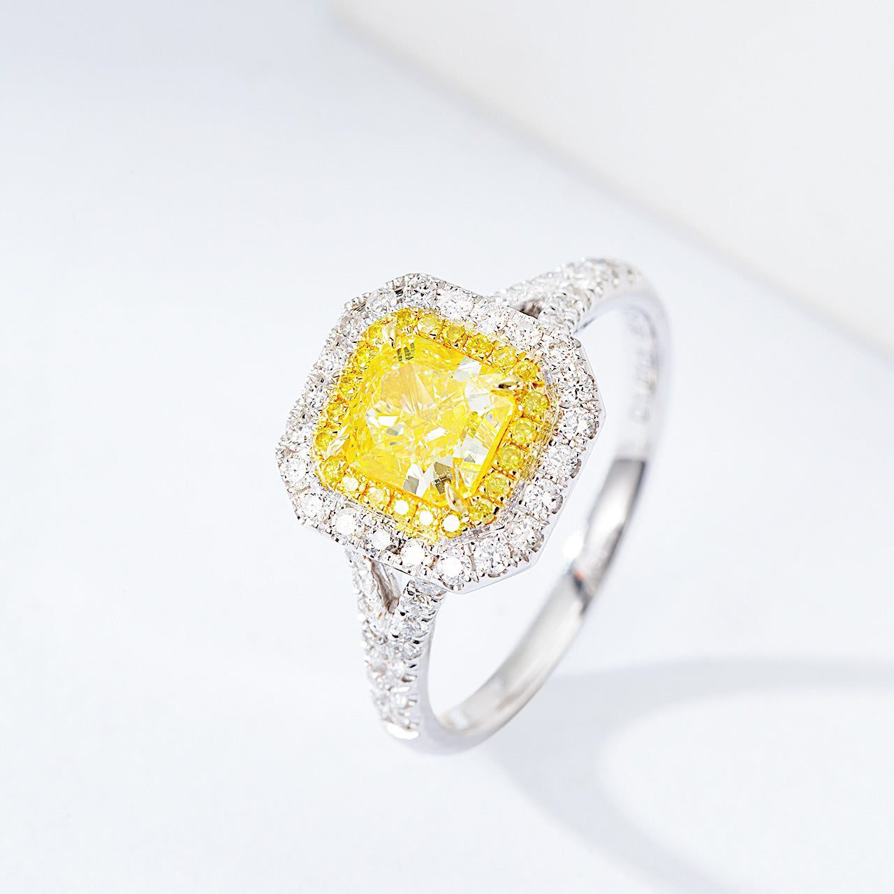 Radiant Cut Yellow Diamond Halo Engagement Ring with Split Shank Design -Side Angle