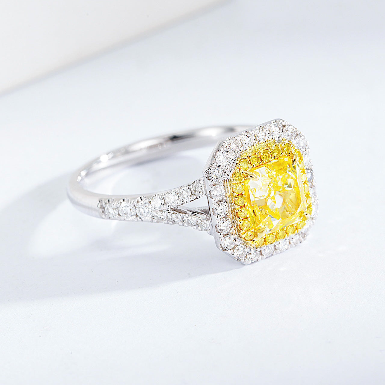 Radiant Cut Yellow Diamond Halo Engagement Ring with Split Shank Design -Top View