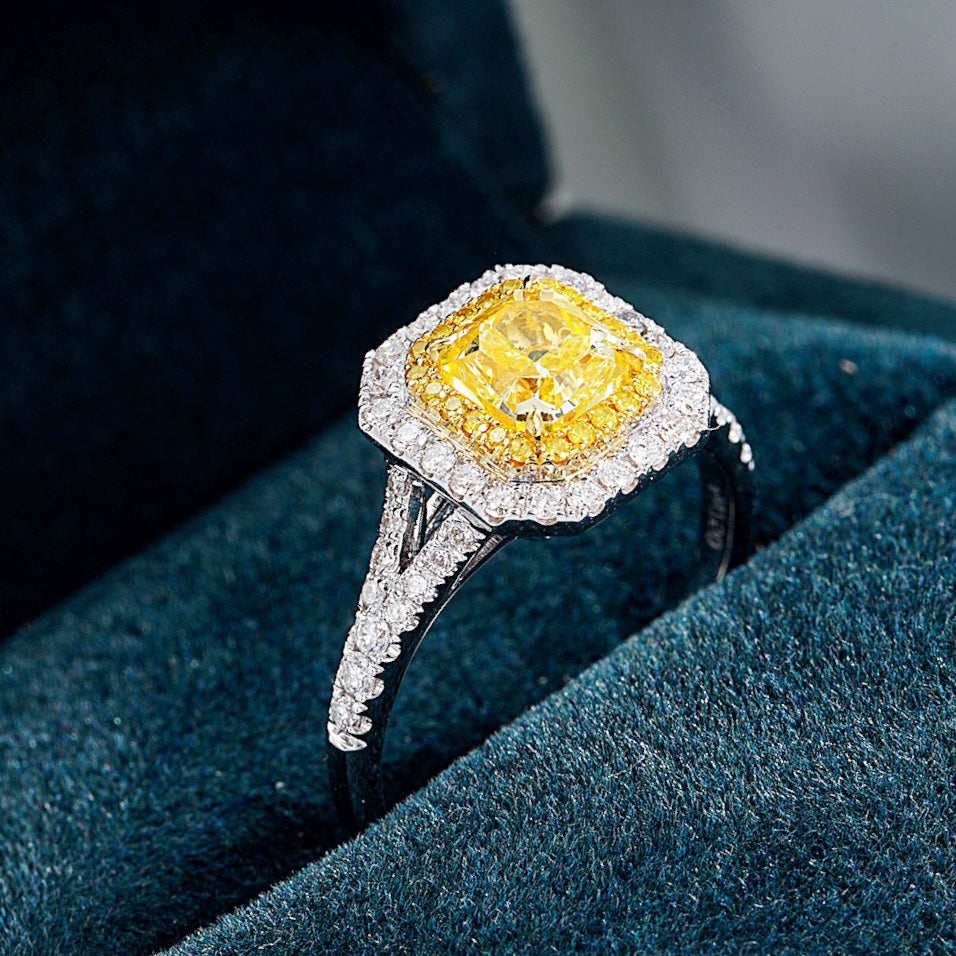 Radiant Cut Yellow Diamond Halo Engagement Ring with Split Shank Design -Perspective Close-up