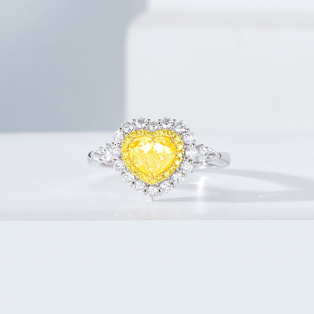 Heart Shaped Yellow Diamond Halo Engagement Ring with Three Stone Setting -Front View