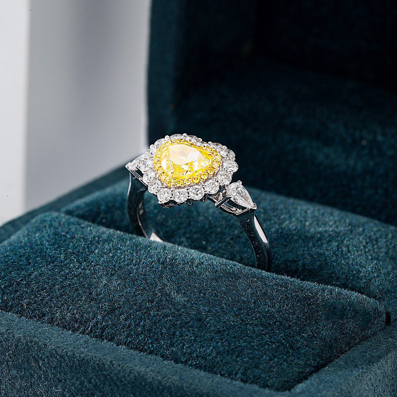 Heart Shaped Yellow Diamond Halo Engagement Ring with Three Stone Setting -In-Box Display