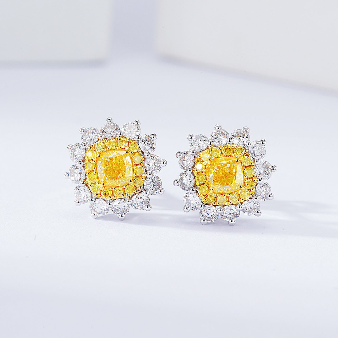 Cushion Cut Yellow Diamond Halo Stud Earrings in 18K White Gold -Front View