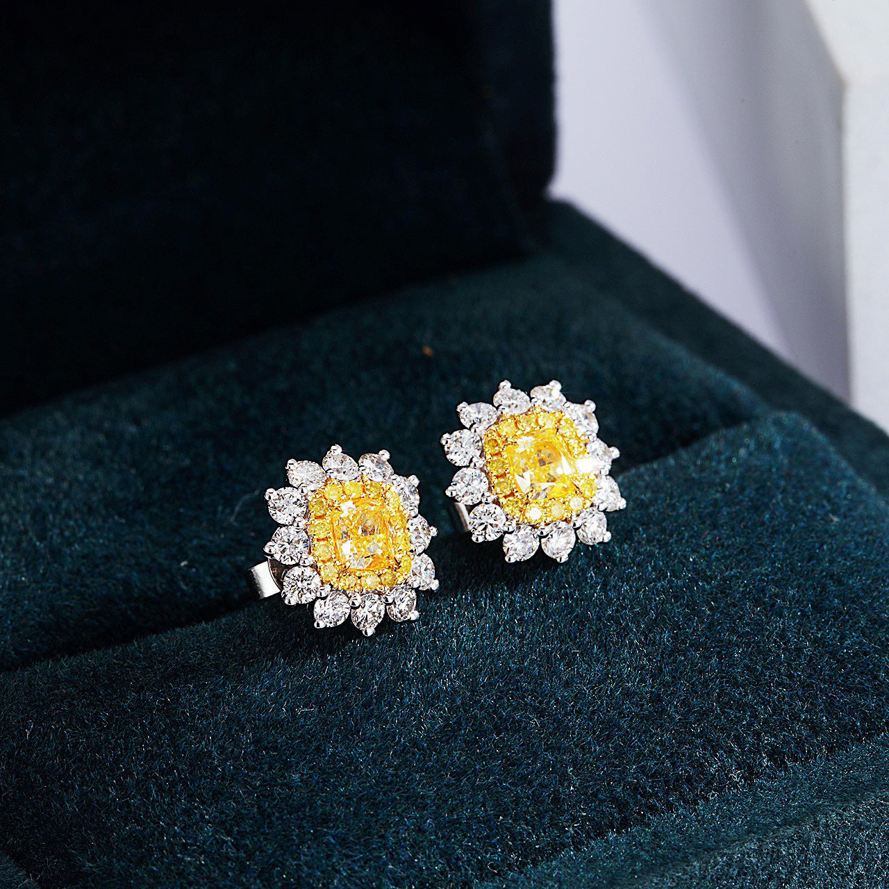 Cushion Cut Yellow Diamond Halo Stud Earrings in 18K White Gold -In-Box Display