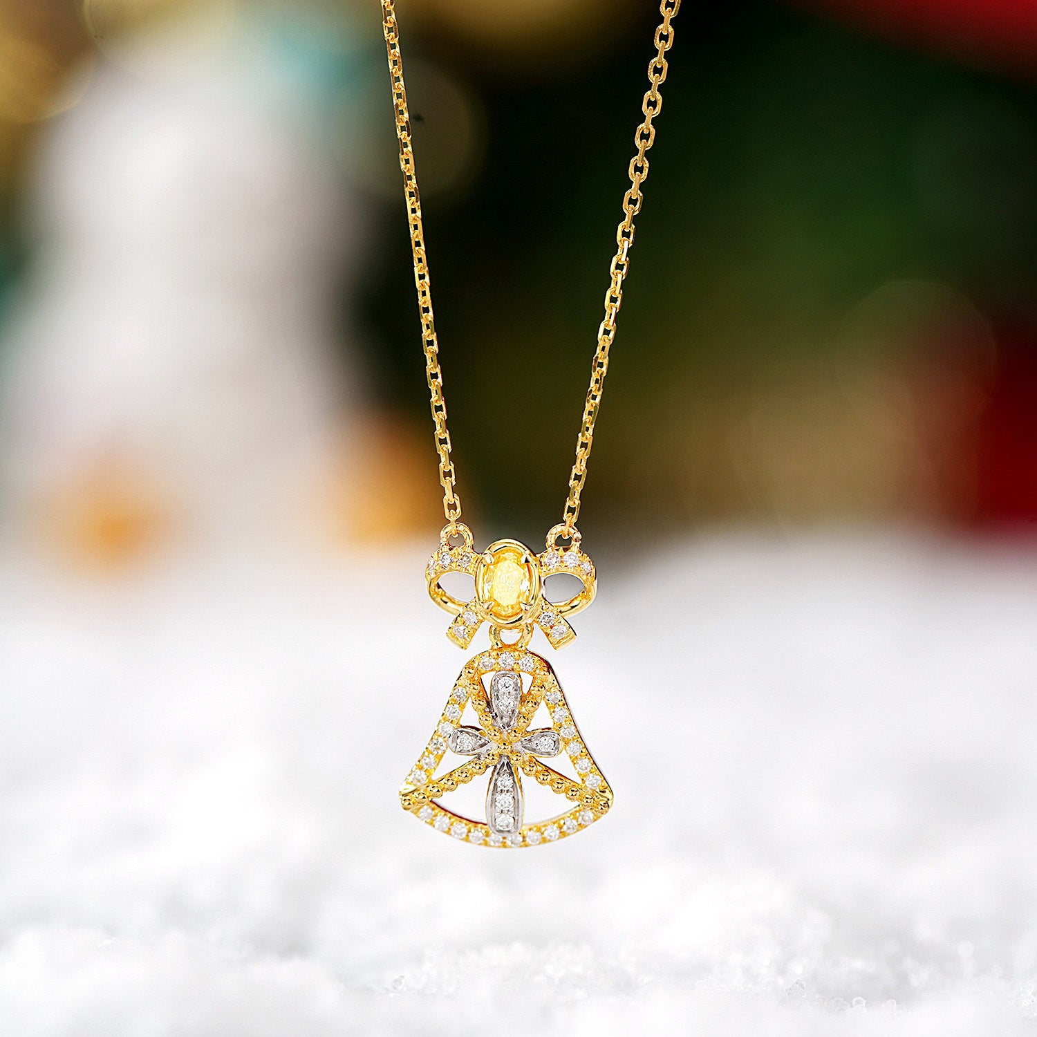 Yellow Diamond Christmas Bow Bell Pendant in 18K Gold -Front View