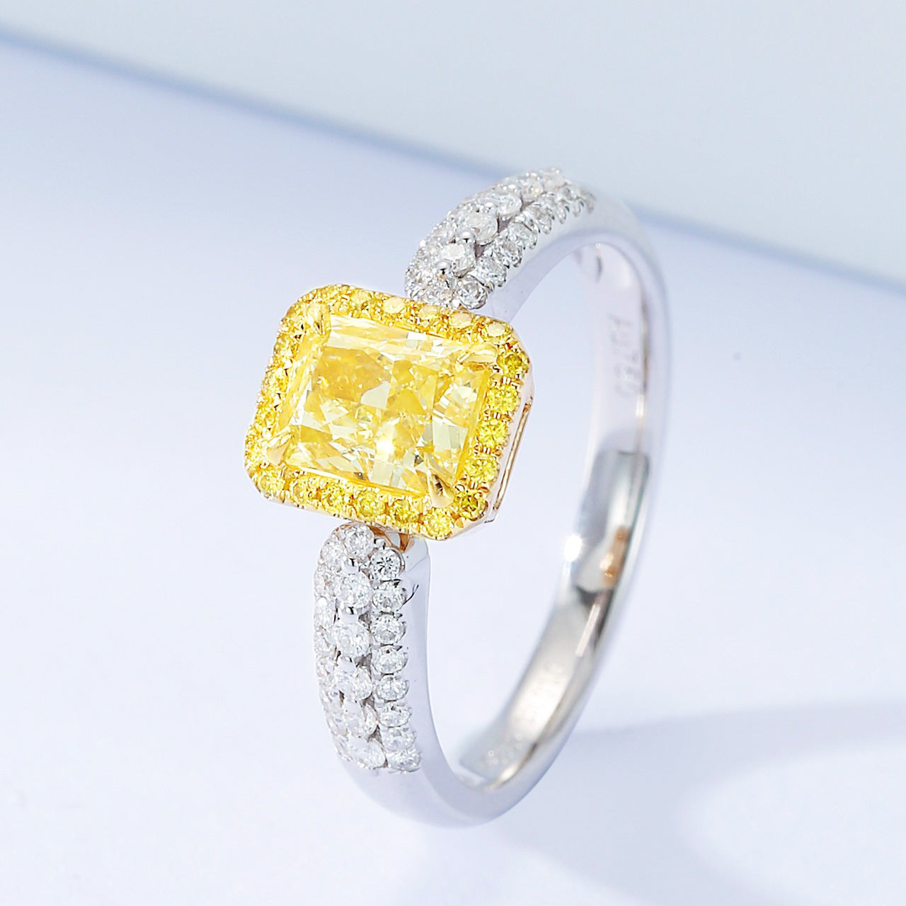 Radiant Cut Yellow Diamond Halo Engagement Ring with Pavé Setting -Side Angle