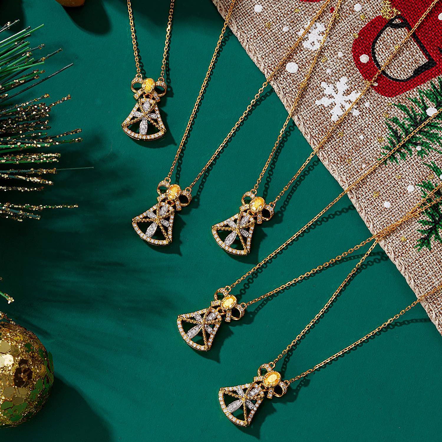 Yellow Diamond Christmas Bow Bell Pendant in 18K Gold -Top View