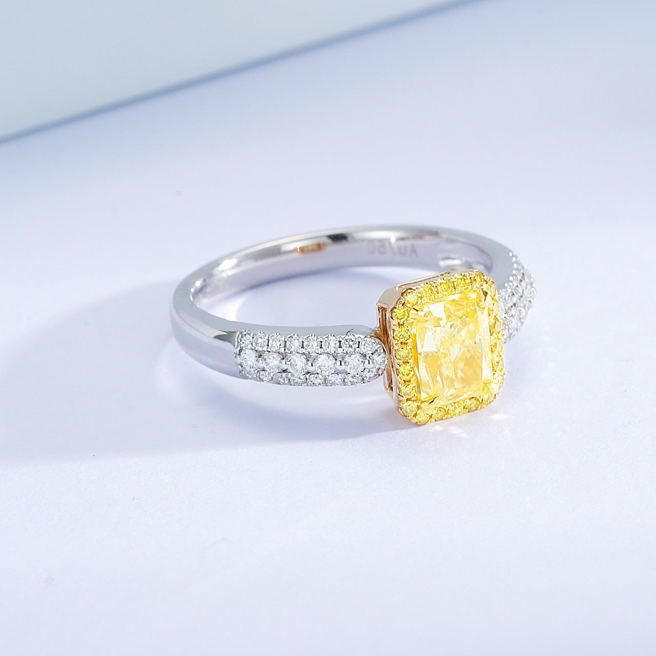 Radiant Cut Yellow Diamond Halo Engagement Ring with Pavé Setting -Top View