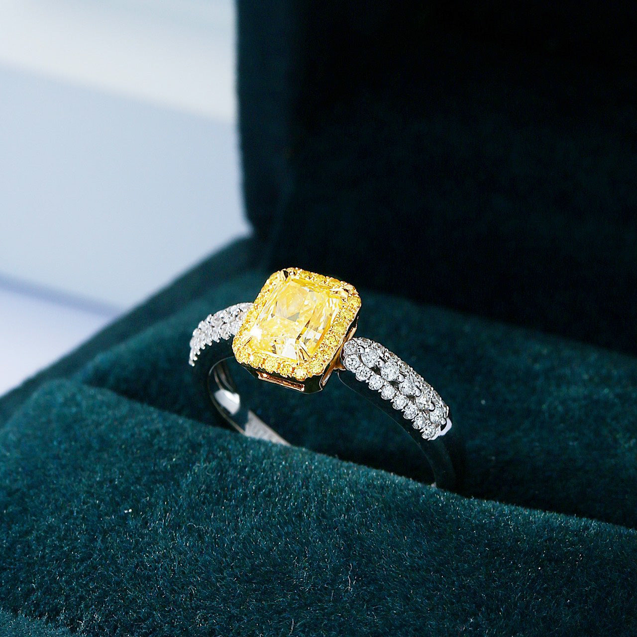 Radiant Cut Yellow Diamond Halo Engagement Ring with Pavé Setting -In-Box Display