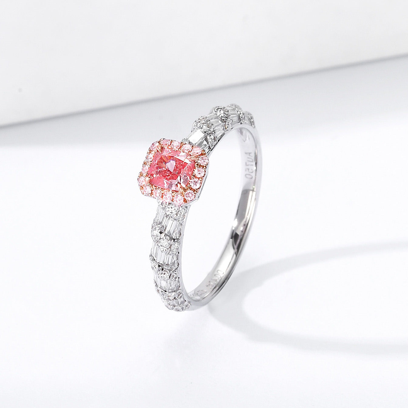 Cushion Cut Pink Diamond Ring with Baguette and Round Diamond Accents -Side Angle