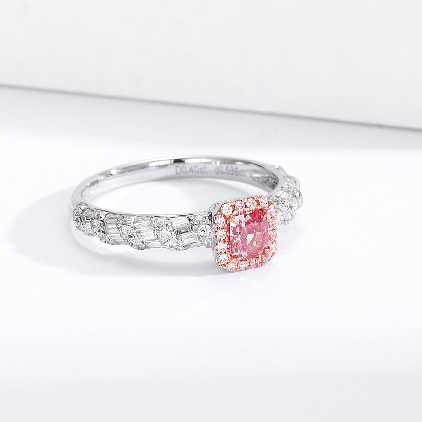 Cushion Cut Pink Diamond Ring with Baguette and Round Diamond Accents -Top View