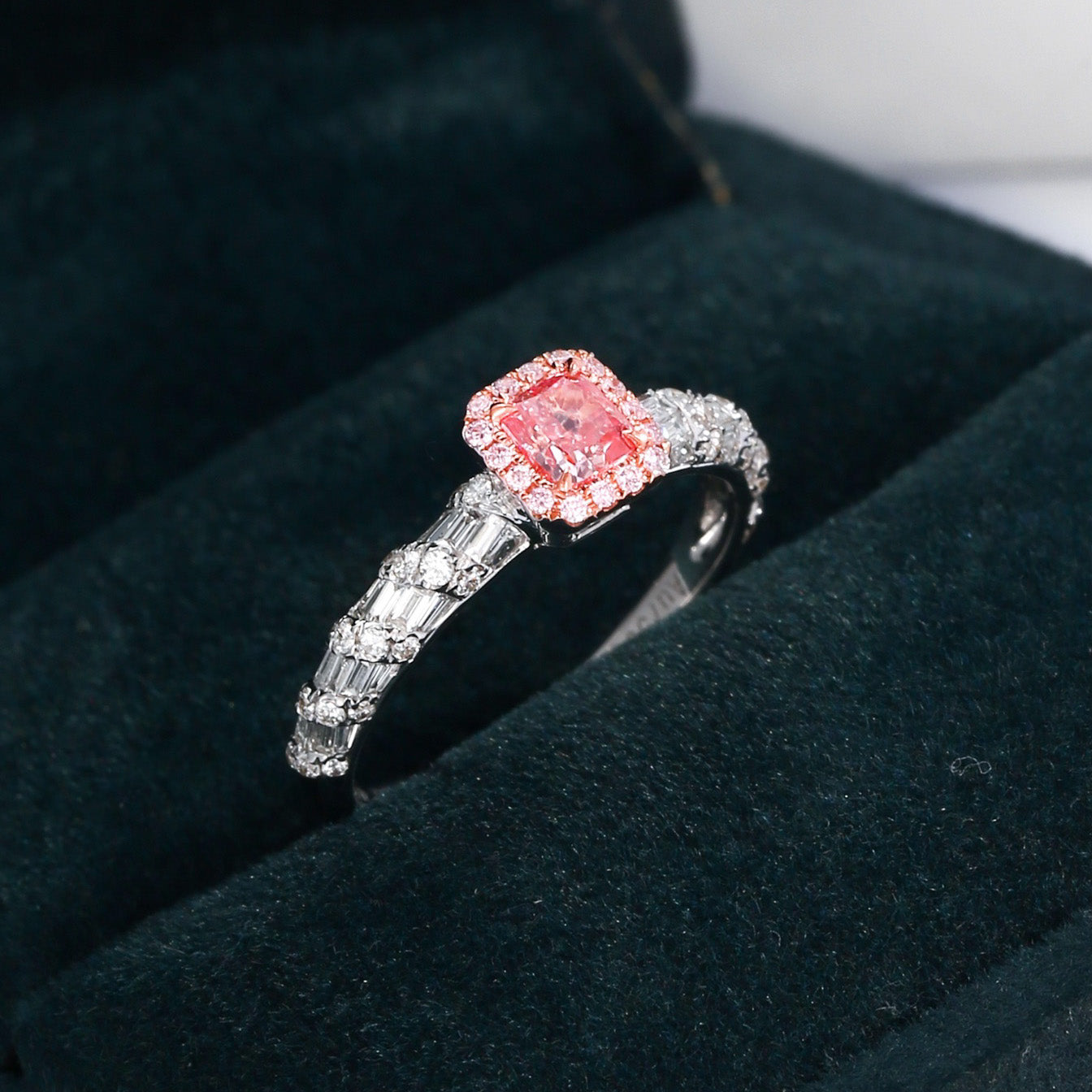 Cushion Cut Pink Diamond Ring with Baguette and Round Diamond Accents -Perspective Close-up