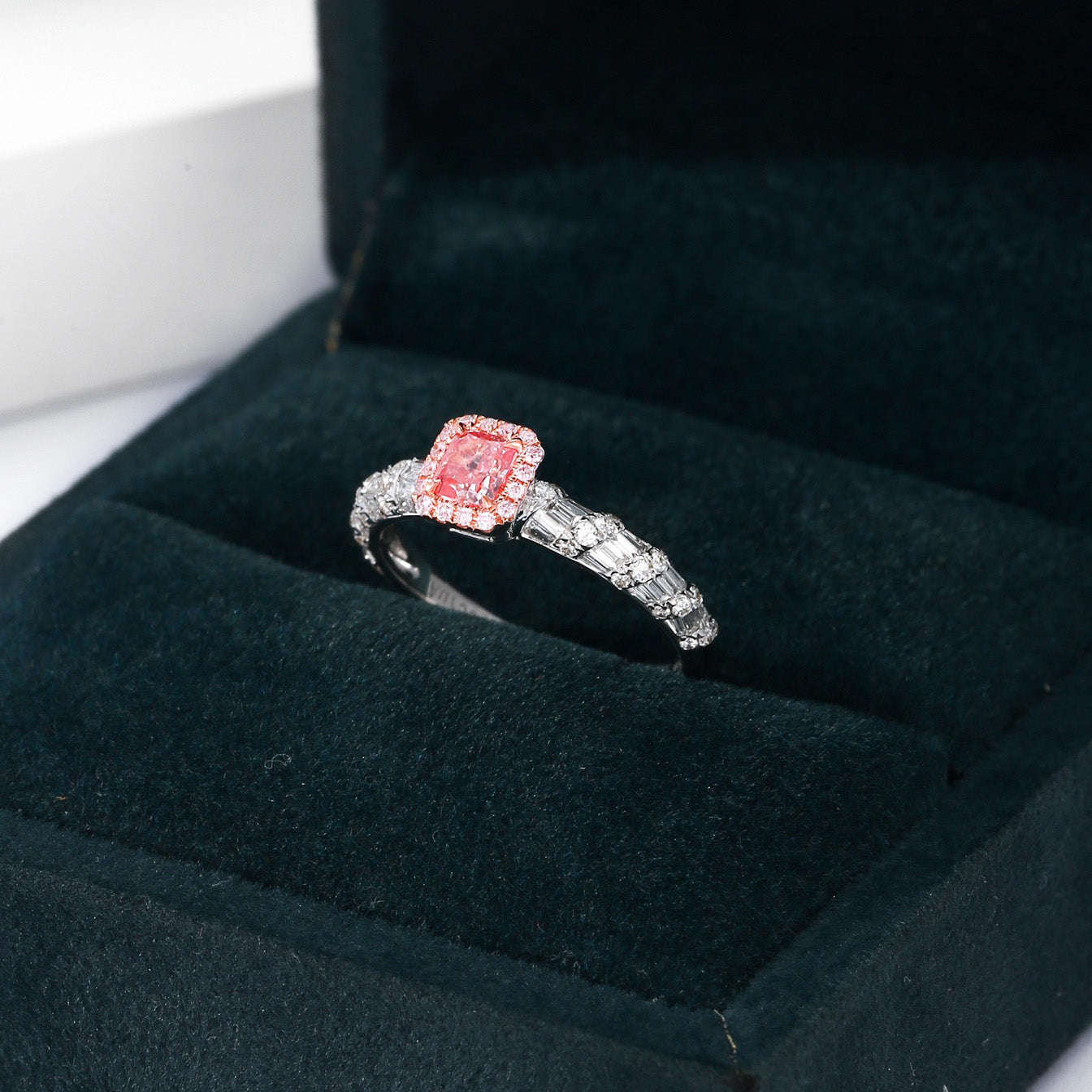 Cushion Cut Pink Diamond Ring with Baguette and Round Diamond Accents -In-Box Display