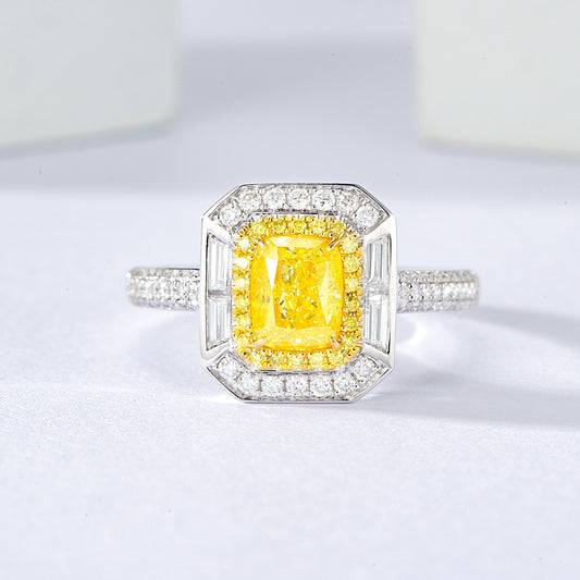 Cushion Cut Yellow Diamond Engagement Ring with Double Halo and Baguette Accents