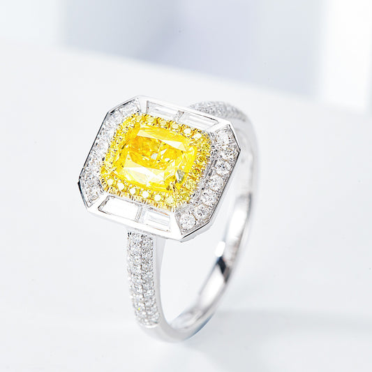 Cushion Cut Yellow Diamond Engagement Ring with Double Halo and Baguette Accents