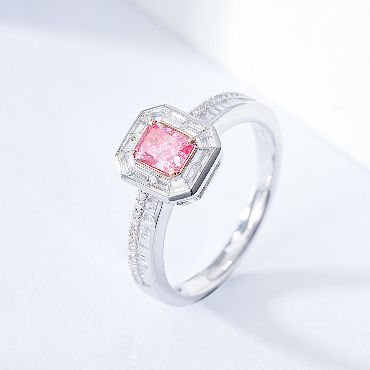 Radiant Cut Pink Diamond Halo Engagement Ring with Channel Setting -Side Angle