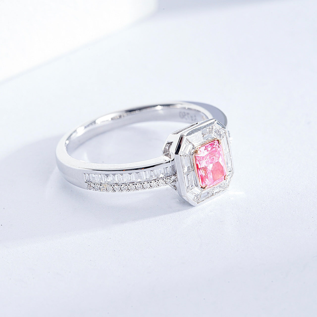 Radiant Cut Pink Diamond Halo Engagement Ring with Channel Setting -Top View