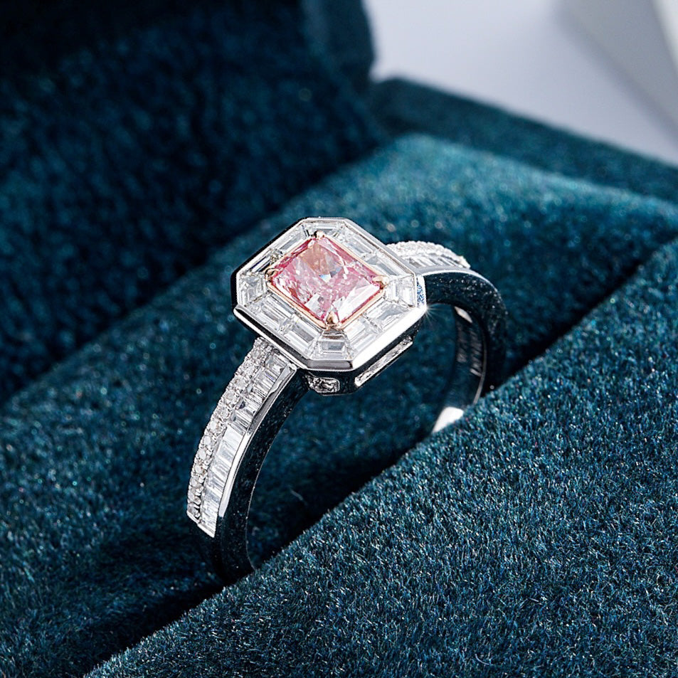 Radiant Cut Pink Diamond Halo Engagement Ring with Channel Setting -Perspective Close-up