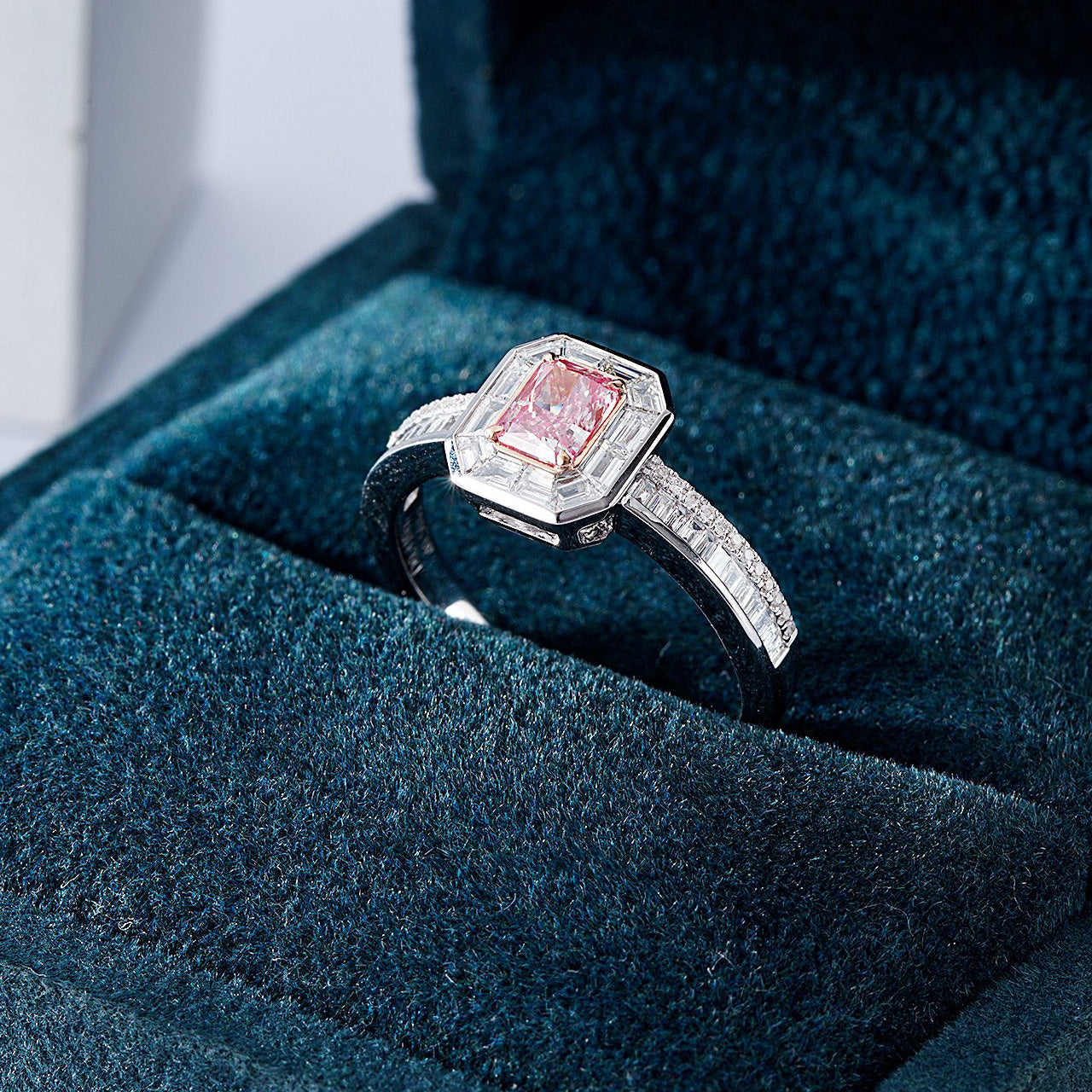 Radiant Cut Pink Diamond Halo Engagement Ring with Channel Setting -In-Box Display