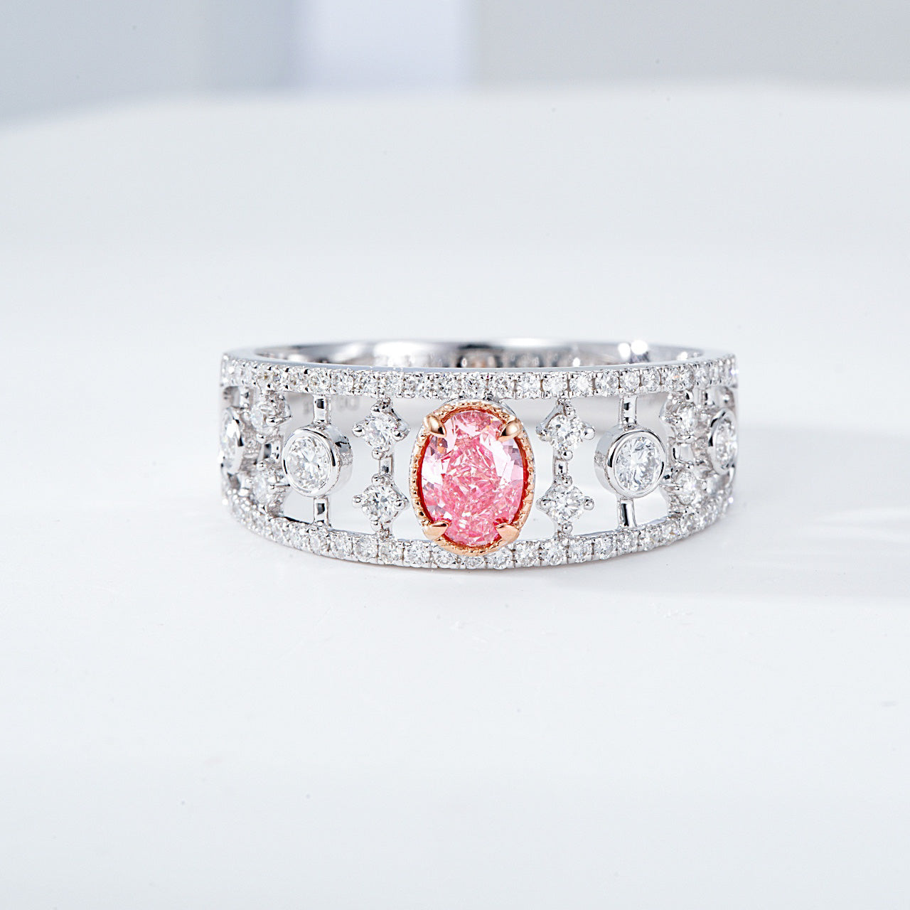 Oval Pink Diamond Openwork Band Ring with Diamond Accents -Front View