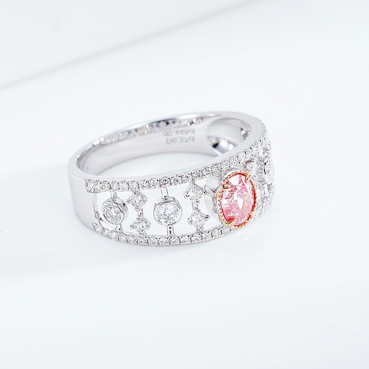 Oval Pink Diamond Openwork Band Ring with Diamond Accents -Top View