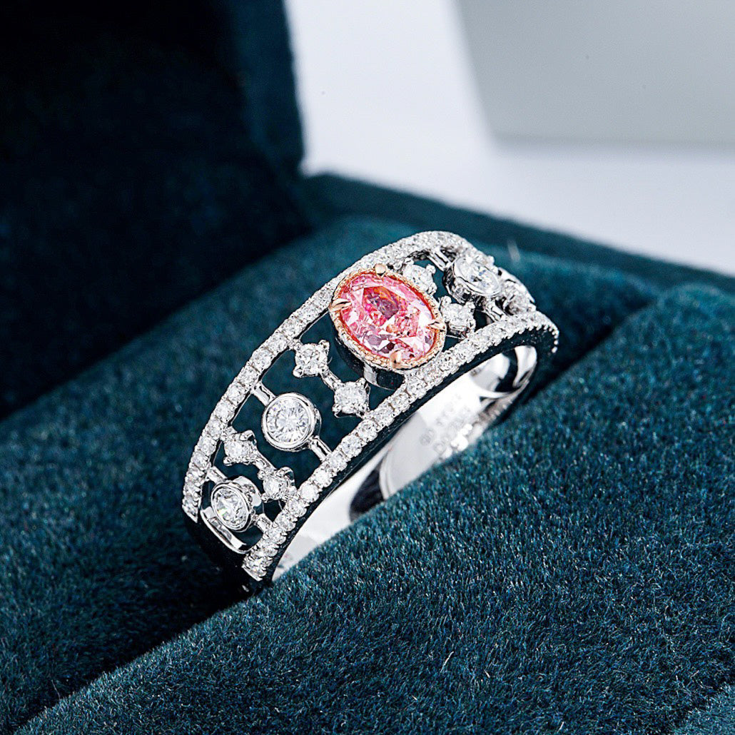 Oval Pink Diamond Openwork Band Ring with Diamond Accents -Perspective Close-up