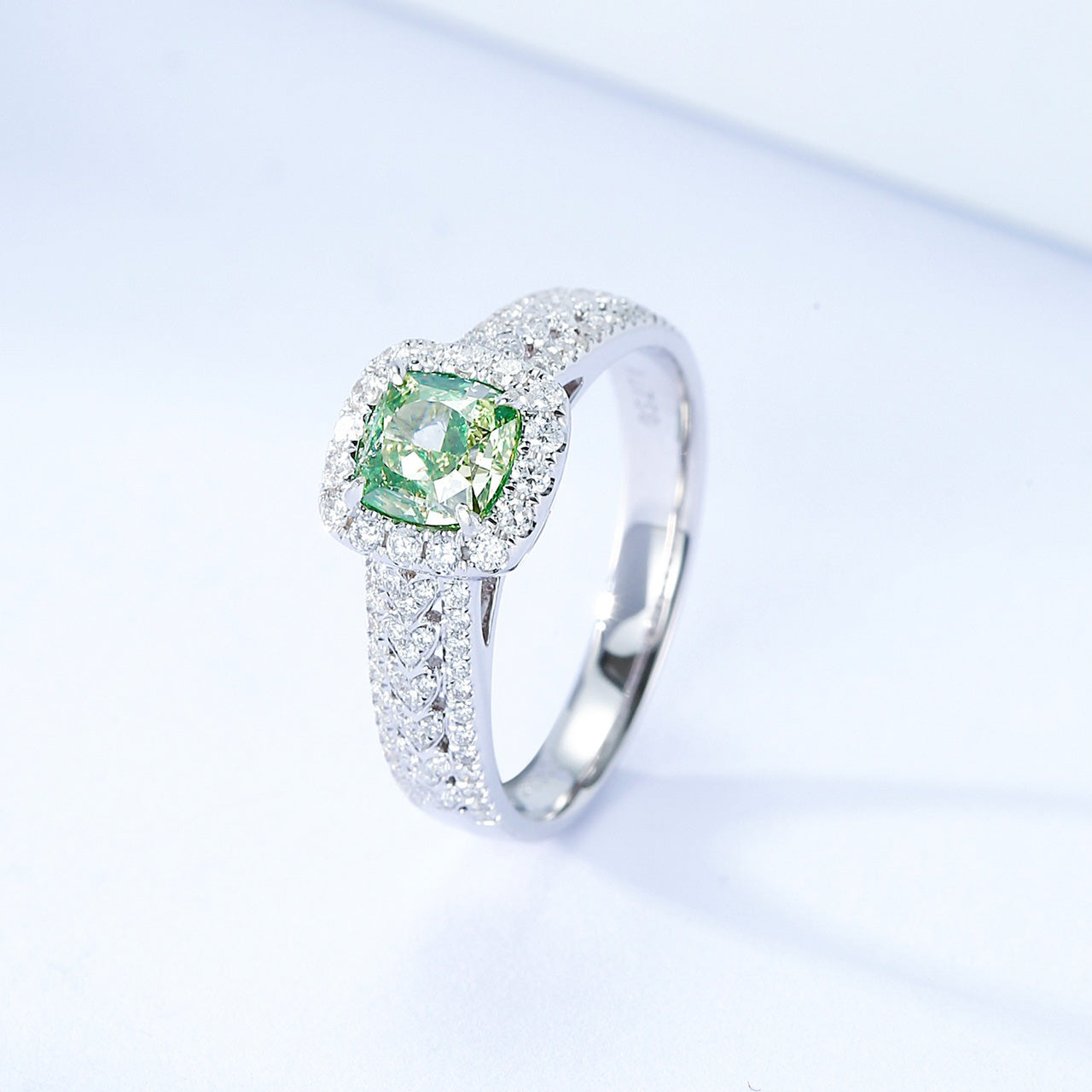 Cushion Cut Green Diamond Halo Engagement Ring with Pavé Band -Side Angle