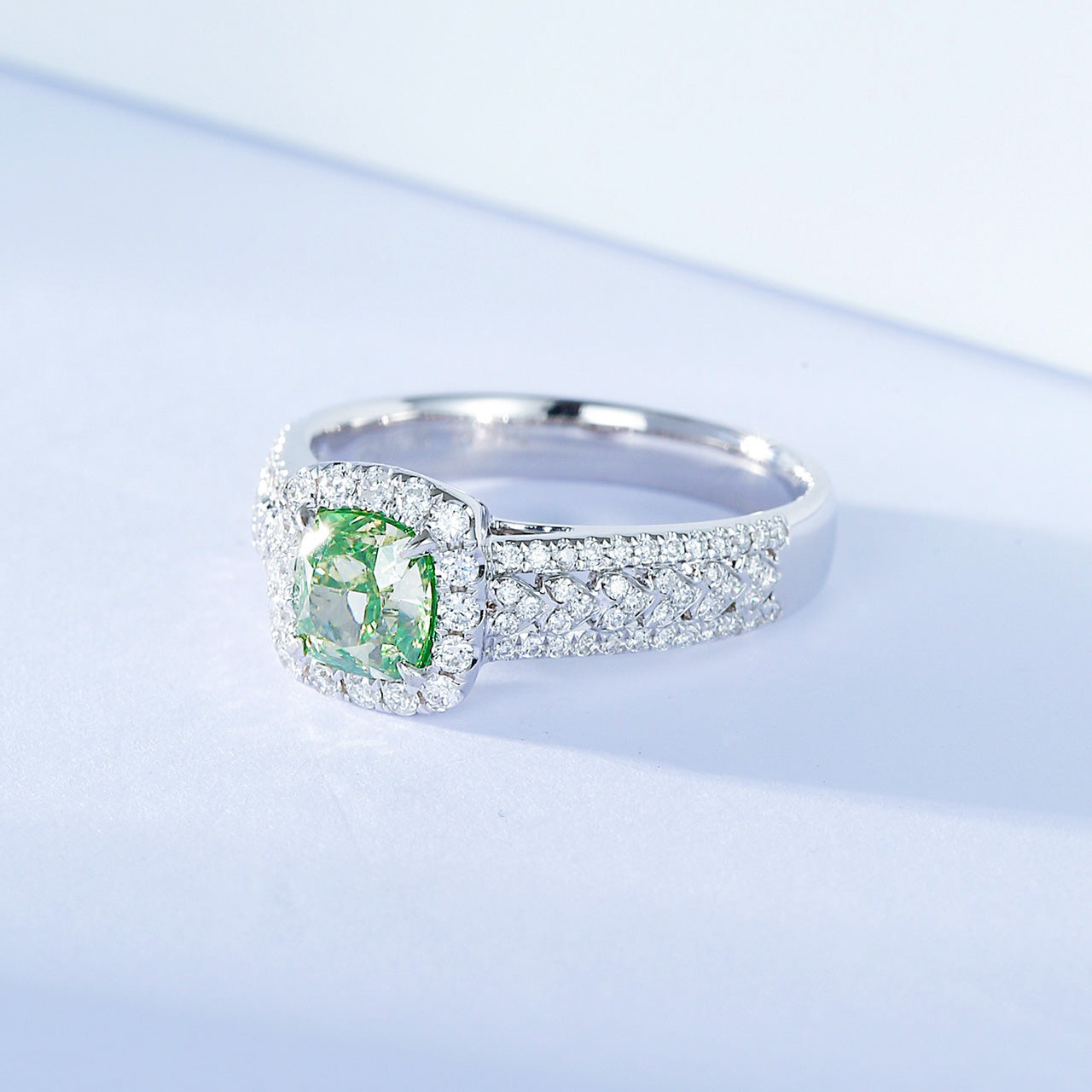 Cushion Cut Green Diamond Halo Engagement Ring with Pavé Band -Top View