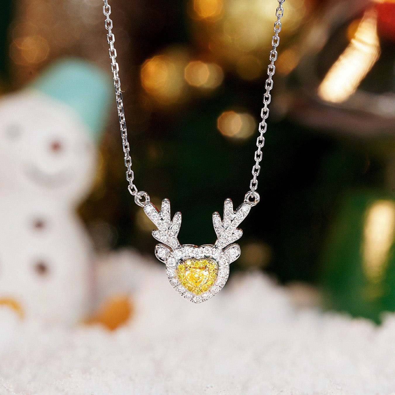 Yellow Diamond Heart Antler Pendant in 18K White Gold -Front View