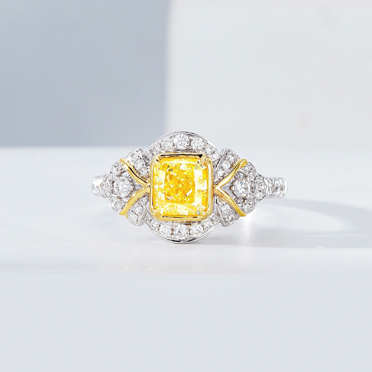 Cushion Cut Yellow Diamond Vintage Engagement Ring in 18K White Gold -Front View