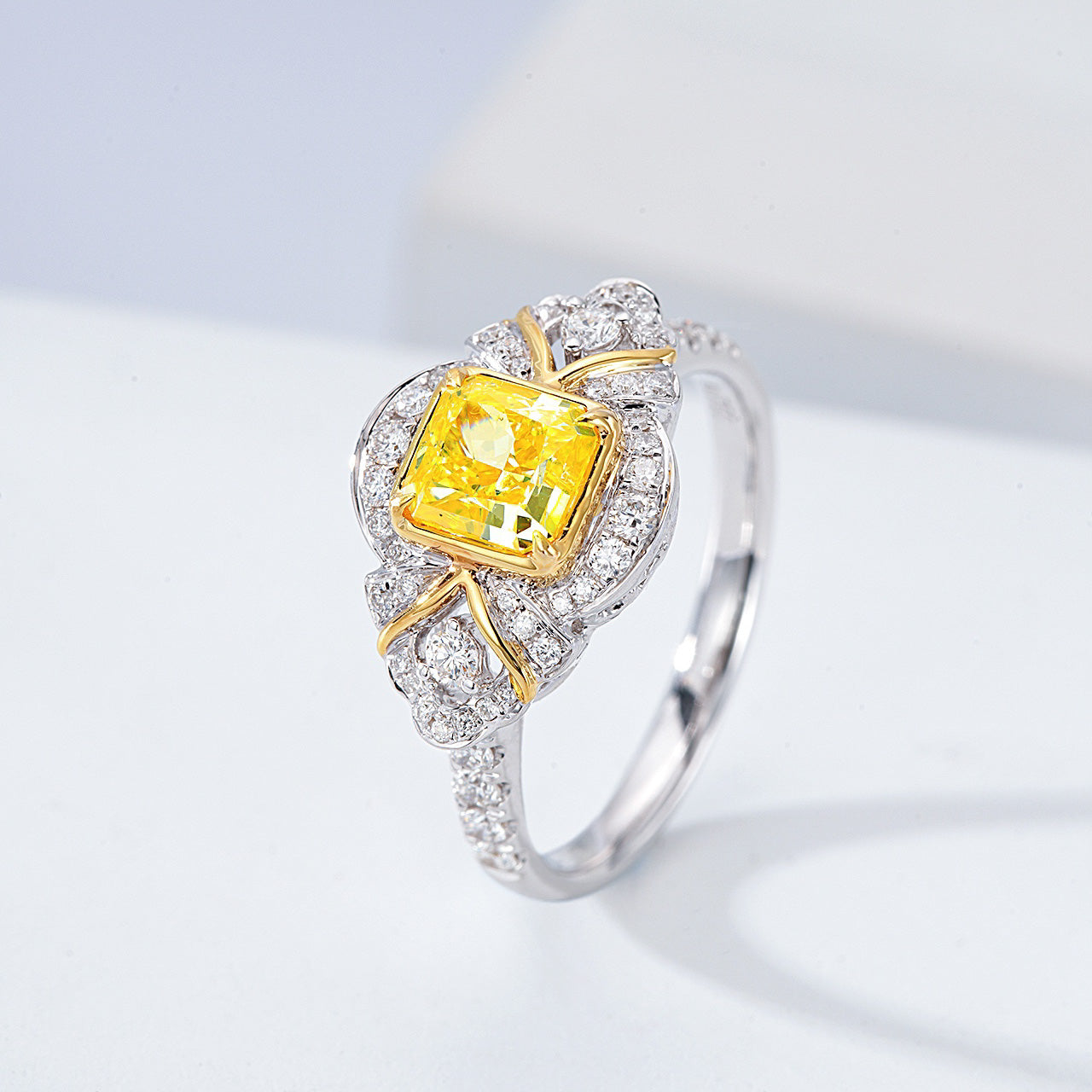 Cushion Cut Yellow Diamond Vintage Engagement Ring in 18K White Gold -Side Angle