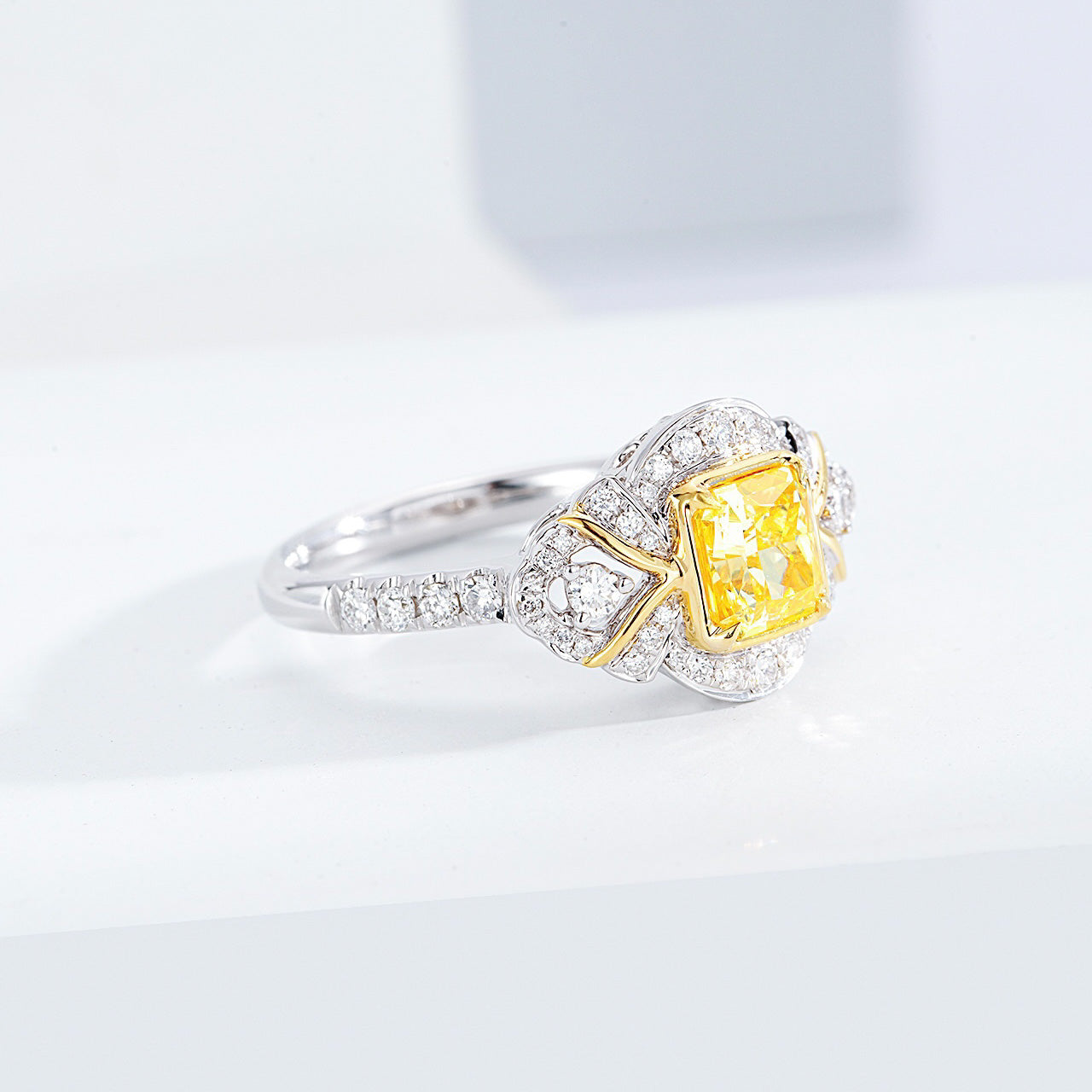 Cushion Cut Yellow Diamond Vintage Engagement Ring in 18K White Gold -Top View