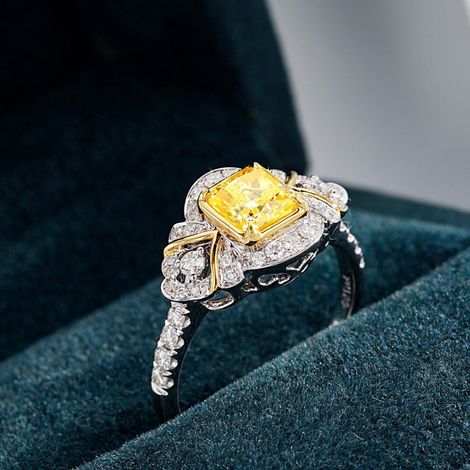 Cushion Cut Yellow Diamond Vintage Engagement Ring in 18K White Gold -Perspective Close-up