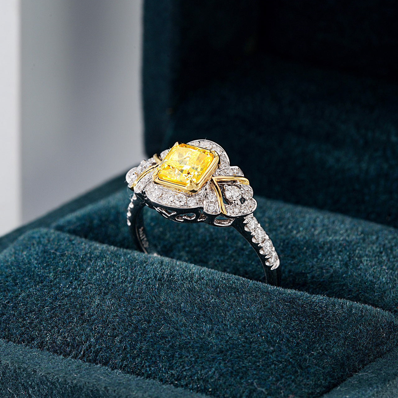 Cushion Cut Yellow Diamond Vintage Engagement Ring in 18K White Gold -In-Box Display