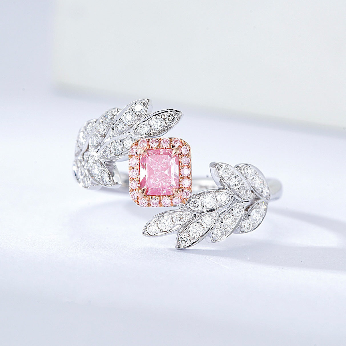 Cushion Cut Pink Diamond Nature Inspired Engagement Ring with Leaf Design -Front View