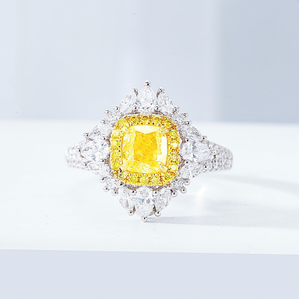 Cushion Cut Yellow Diamond Engagement Ring with Pavé Halo Setting in 18K White Gold -Front View