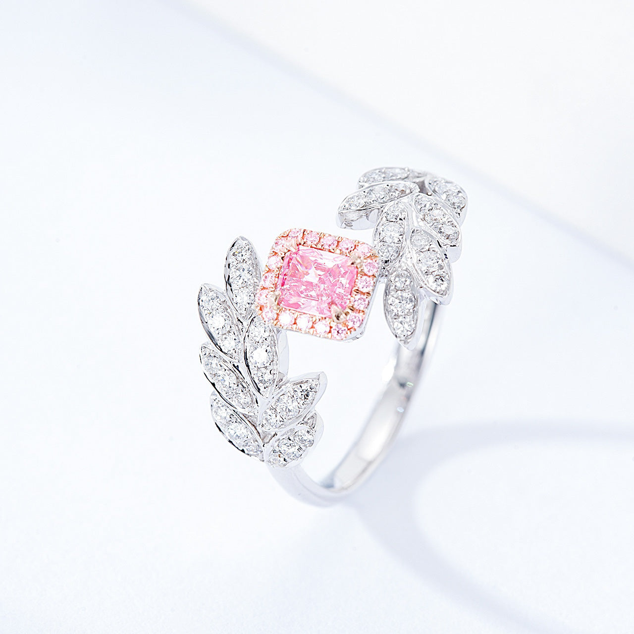 Cushion Cut Pink Diamond Nature Inspired Engagement Ring with Leaf Design -Side Angle