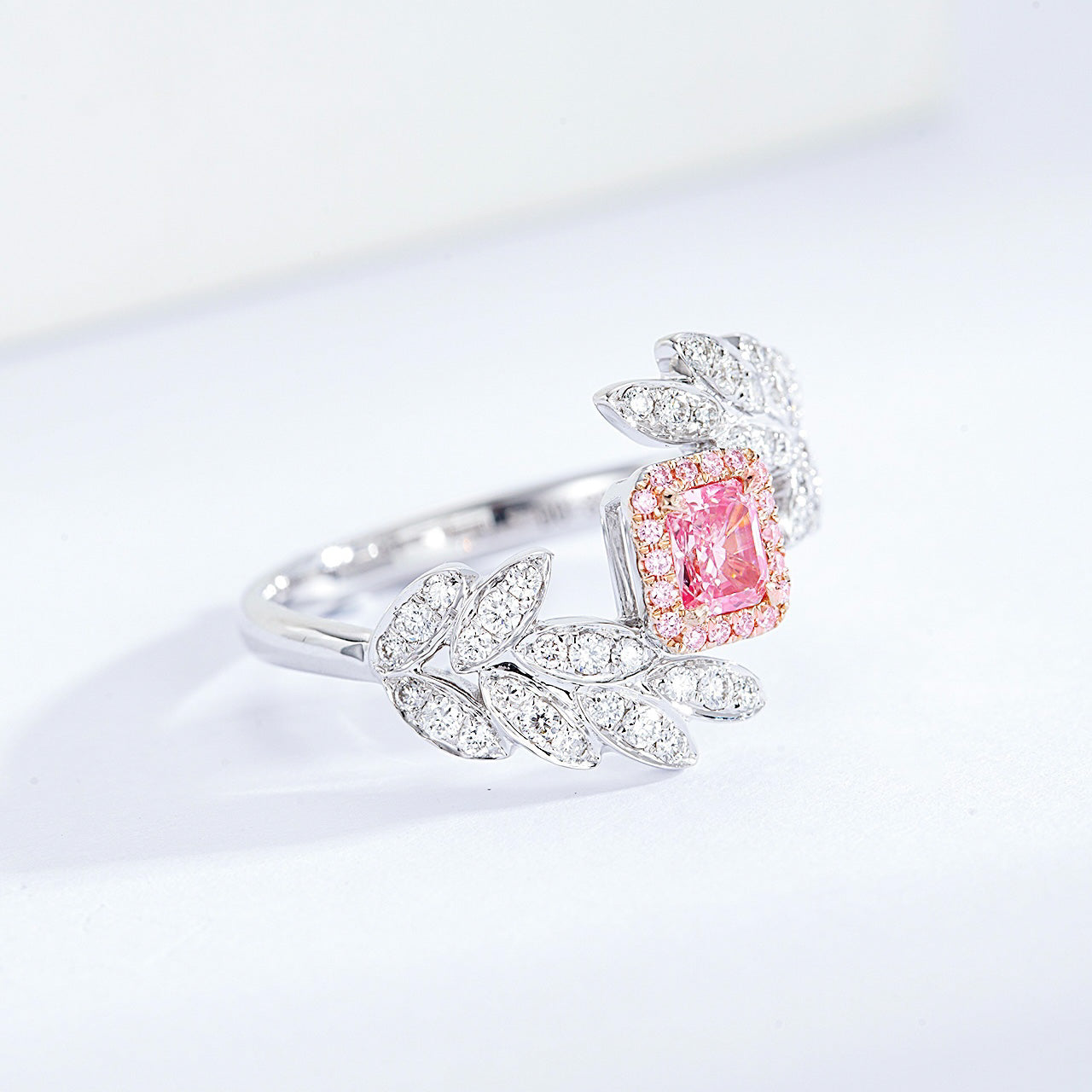 Cushion Cut Pink Diamond Nature Inspired Engagement Ring with Leaf Design -Top View