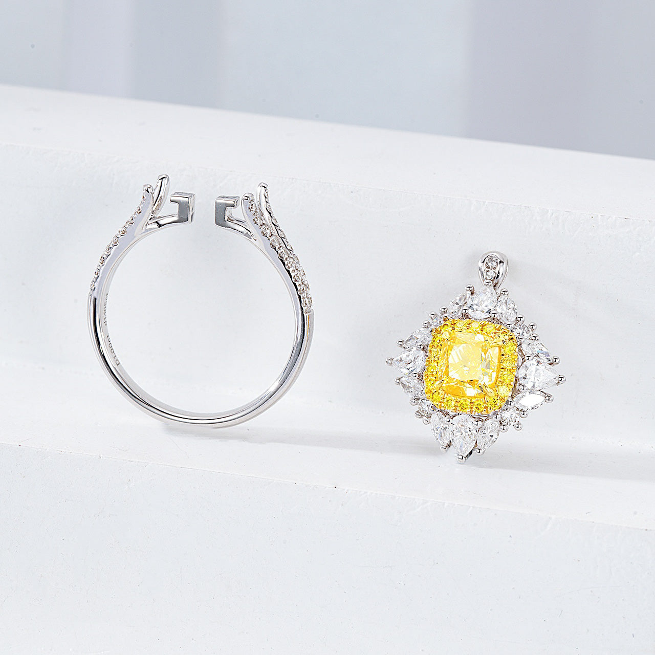 Cushion Cut Yellow Diamond Engagement Ring with Pavé Halo Setting in 18K White Gold -Top View