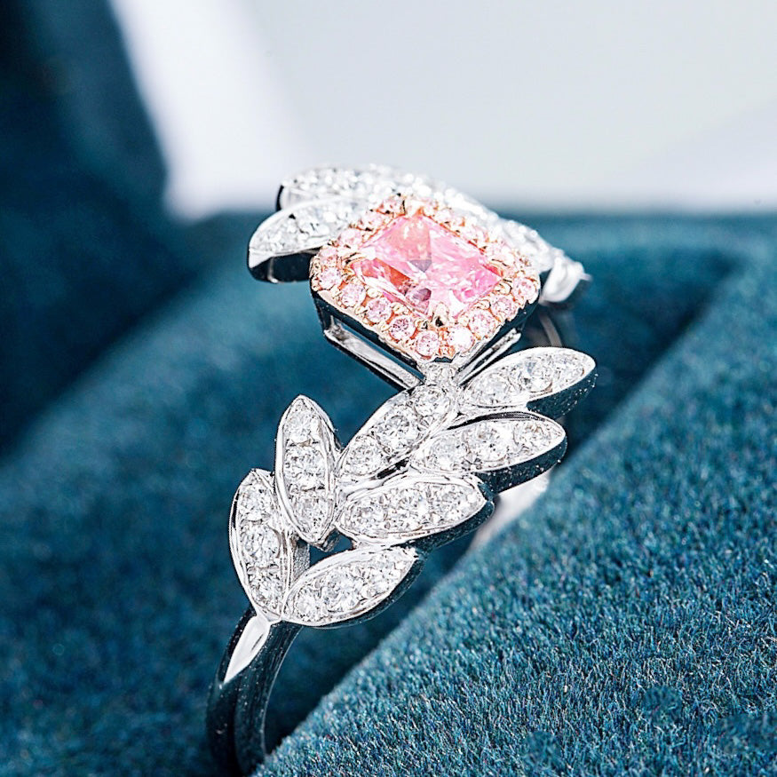 Cushion Cut Pink Diamond Nature Inspired Engagement Ring with Leaf Design -Perspective Close-up