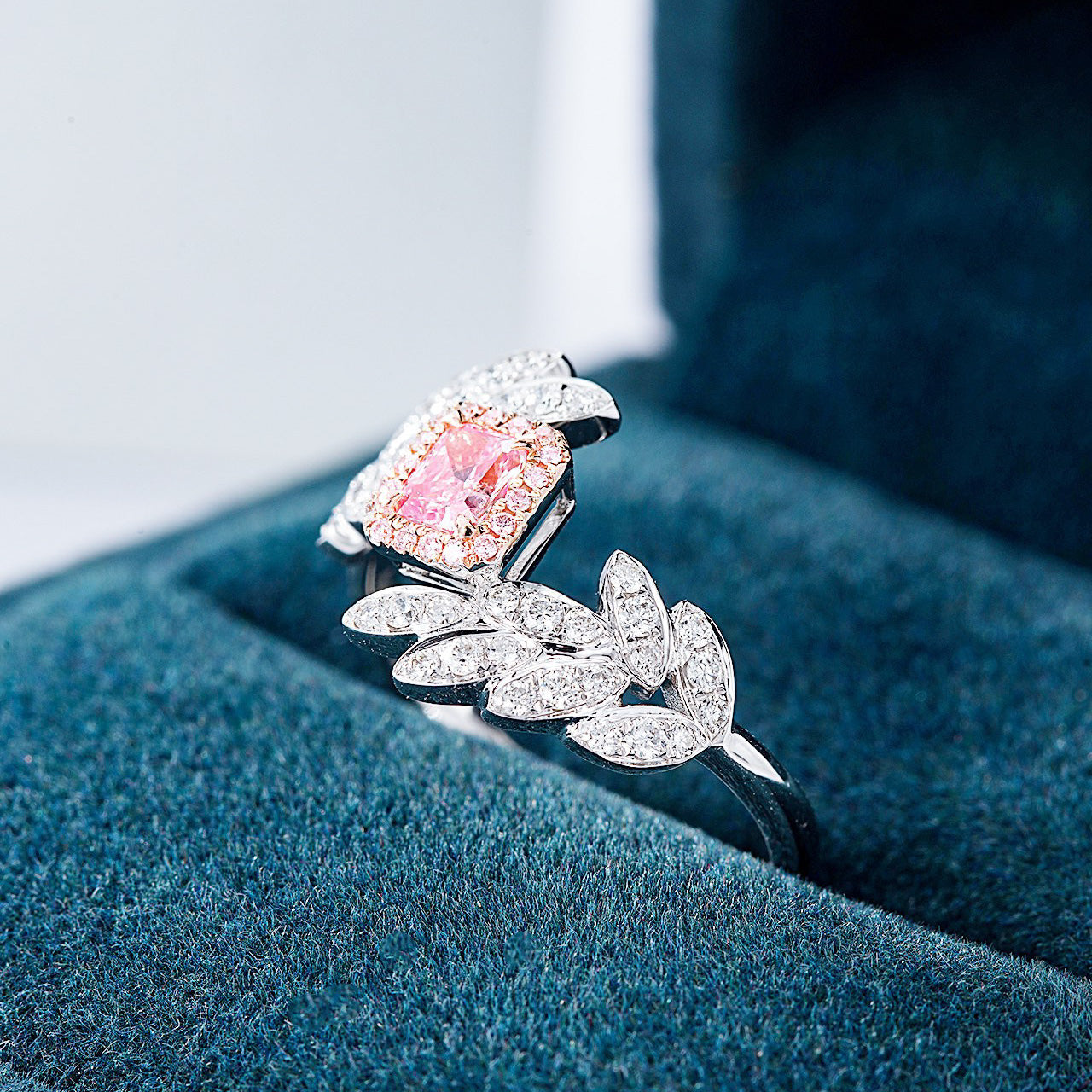 Cushion Cut Pink Diamond Nature Inspired Engagement Ring with Leaf Design -In-Box Display