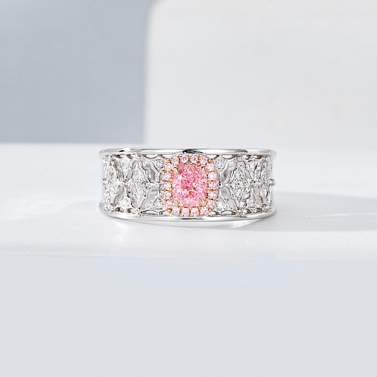 Cushion Cut Pink Diamond Lattice Band Ring with Diamond Accents -Front View