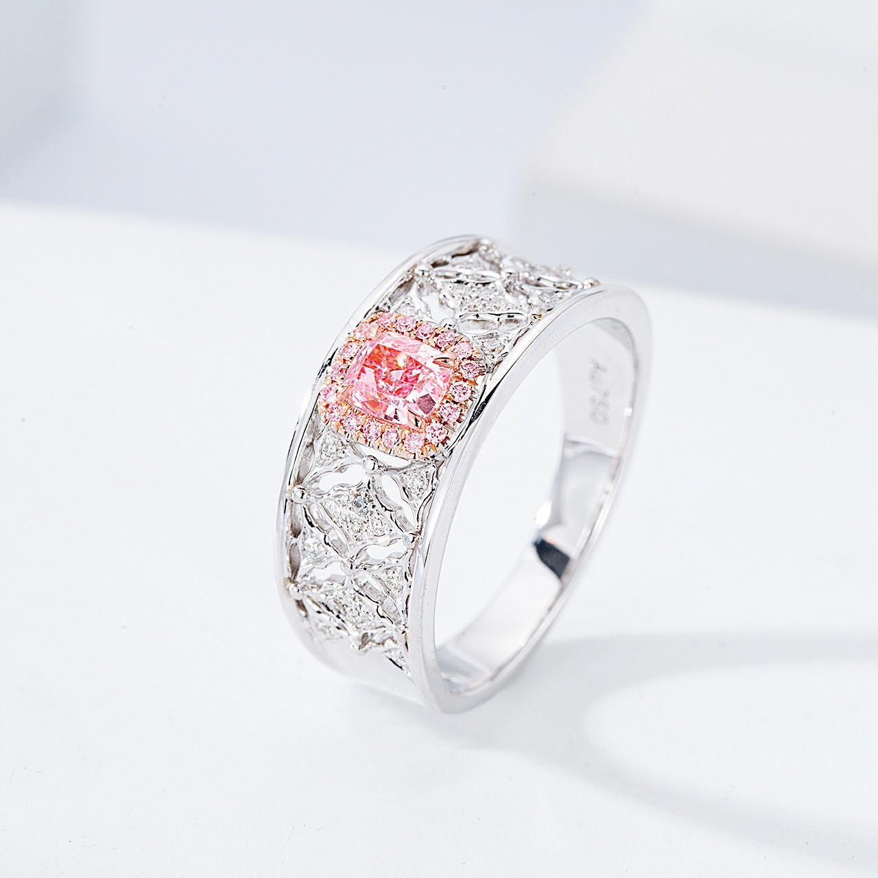 Cushion Cut Pink Diamond Lattice Band Ring with Diamond Accents -Side Angle