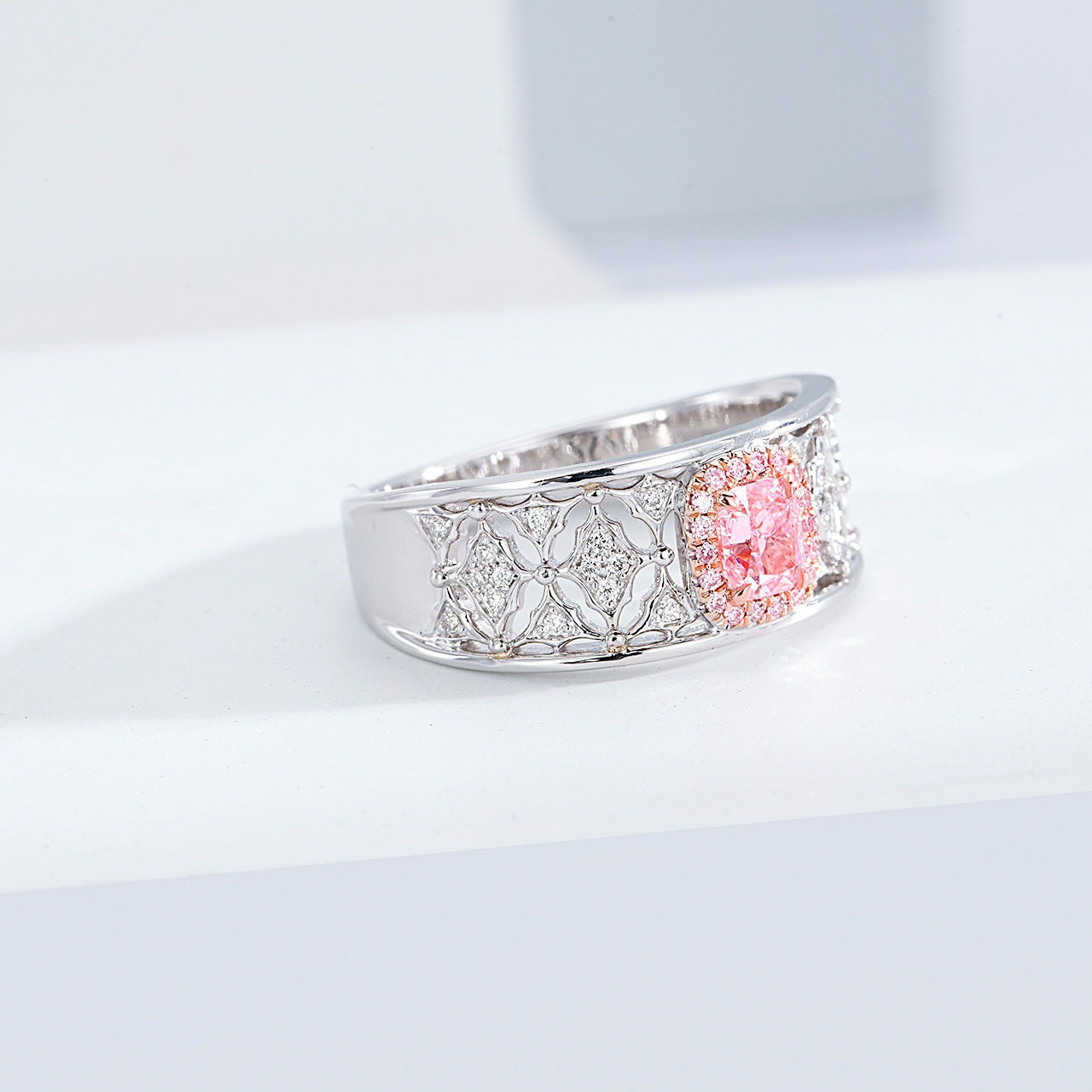 Cushion Cut Pink Diamond Lattice Band Ring with Diamond Accents -Top View